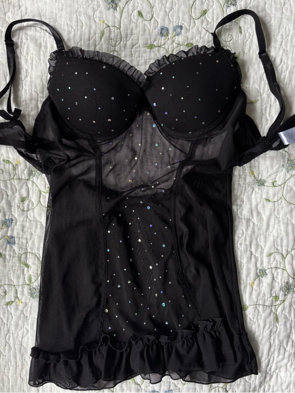 Black Sparkle Mesh Babydoll Chemise with Ruffle Hem